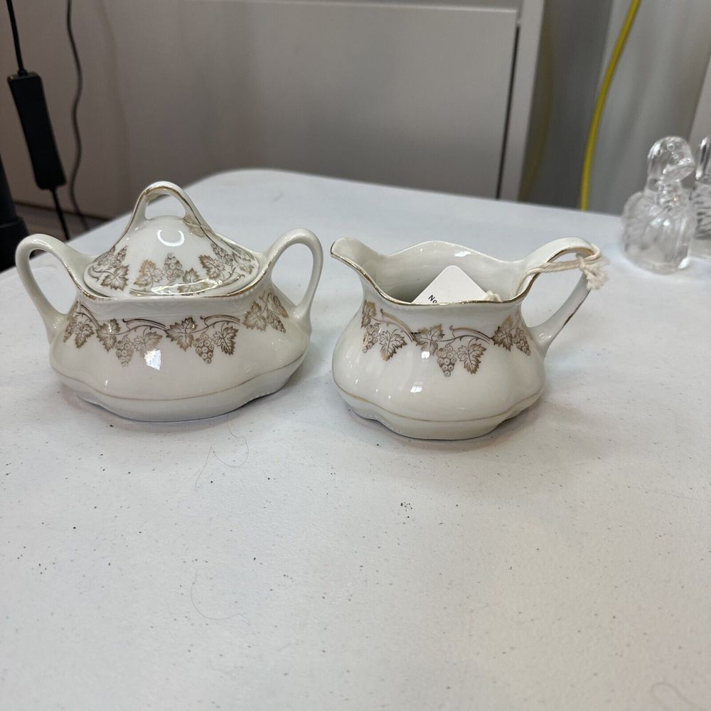 Vintage 1940s Porcelain Creamer and Sugar Bowl Set Signed Bavaria